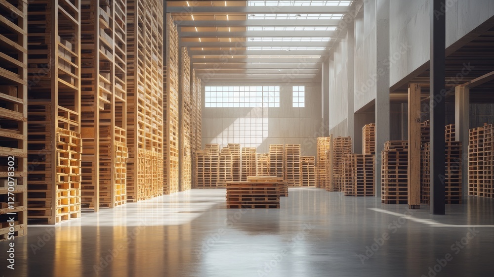 Poster wooden shipping pallets neatly stacked in a spacious warehouse, showcasing efficient use of space in