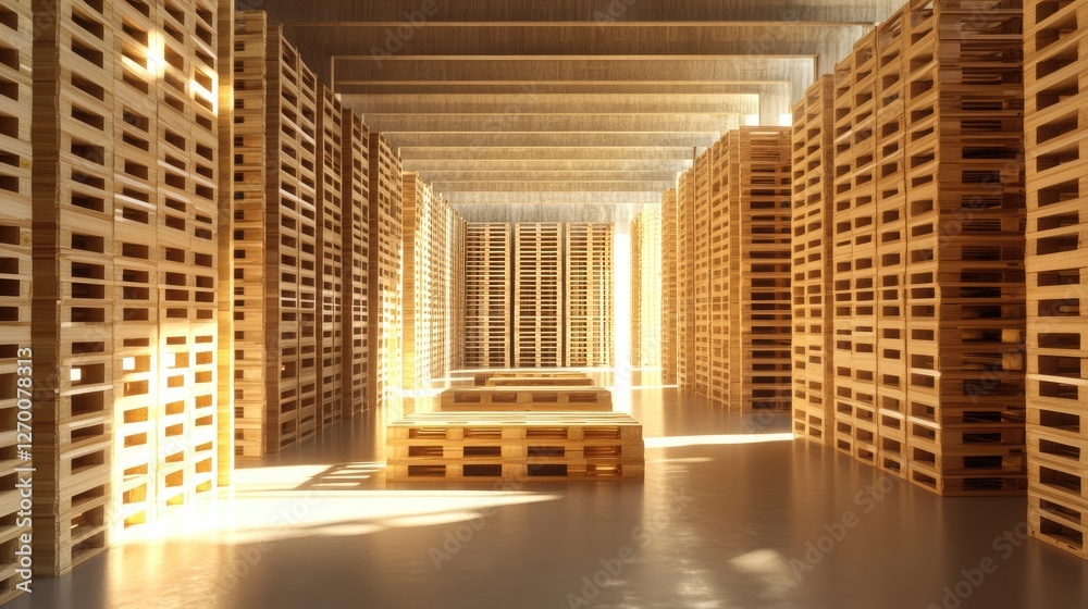 Poster wooden shipping pallets neatly stacked in a spacious warehouse, showcasing efficient use of space in