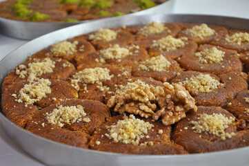 Close Up Tray Katmer Kadayif Dessert with Walnuts