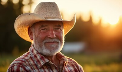 Fototapeta premium Portrait of a 50 Year Old Rancher in a Pasture at Sunset