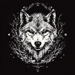 Fototapeta premium Majestic wolf portrait, dark background, branches, moon