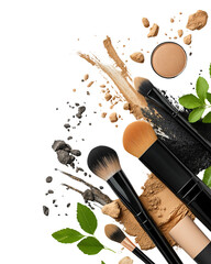 Makeup brushes and cosmetic products arranged artistically with natural elements and pigments on a white background