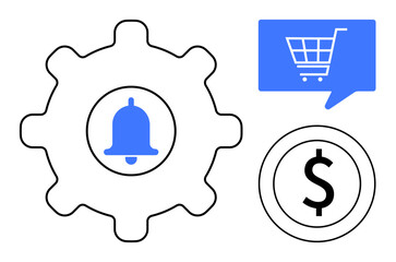Gear with center notification bell, shopping cart in speech bubble, and dollar coin in circles. Ideal for business process, e-commerce, notifications, financial services, app interfaces, retail