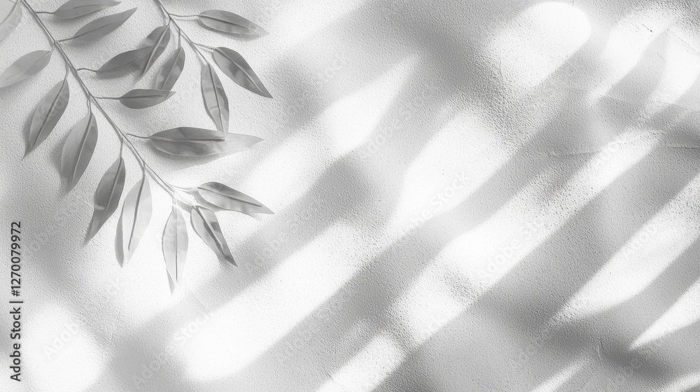 Poster Delicate leaves cast intricate shadows, blending softly with a textured grey backdrop. The interplay of light creates an ethereal, abstract display that invites contemplation and tranquility