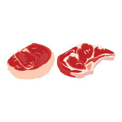 Vector illustration of raw meat in cartoon flat style. Butchery food set elements in flat graphic design. Collection of raw slices of beef, lamb, pork, steak, bacon. Fresh meat product