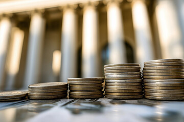 The coins stacked in front of the building