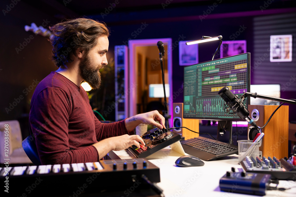 Poster male composer producing sounds and mixing them on stereo console, creating modern cool soundtracks i