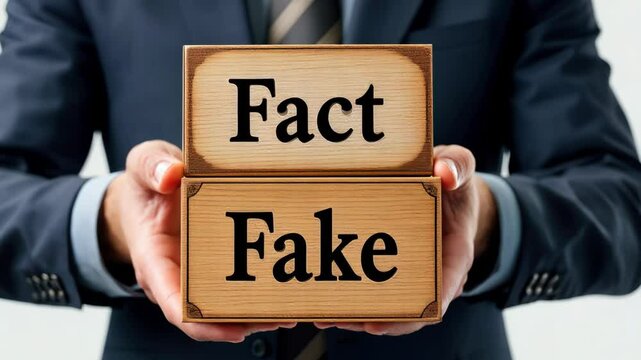 Businessman holding wooden blocks with "fact" and "fake" for april fool's day concept