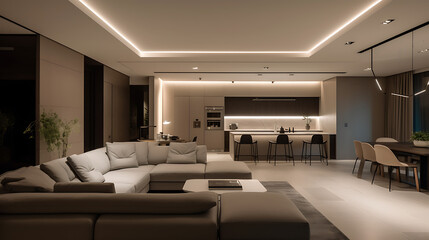 Fototapeta premium A modern living room with a large couch and a kitchen with a counter and a sink