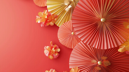 Elegant Chinese Paper Fans with Floral Decorations – Festive Red and Gold Celebration