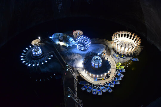 Amusement park with boats in Salina Turda in Romania.