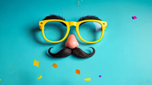 Bright yellow joke glasses with mustache and pink nose surrounded by colorful confetti on blue background for april fool's day pranks
