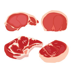 Vector illustration of raw meat in cartoon flat style. Butchery food set elements in flat graphic design. Collection of raw slices of beef, lamb, pork, steak, bacon. Fresh meat product
