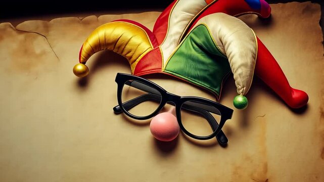 Colorful jester hat with clown nose and black glasses on vintage background for april fool's day.