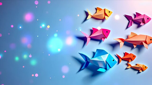 Colorful origami fish on blue background with bokeh lights, celebrating creativity and fun for april fool's day concept