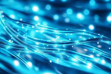 A futuristic depiction of fiber optic strands illuminated in blue, symbolizing digital communication, high-speed data transfer, and connectivity.