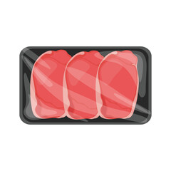 Vector illustration of meat packaging in cartoon flat style. Pack meat products. Frozen ground meat, pork and steaks, raw butcher shop food flat vector illustration set. Meat packed in plastic tray