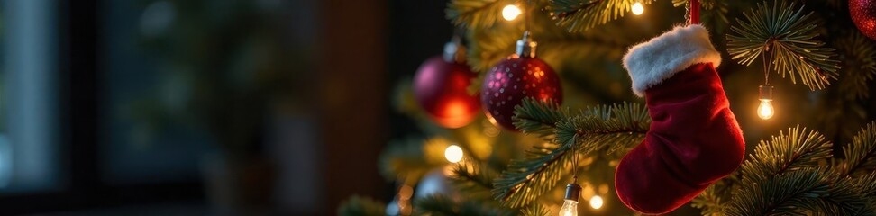 Ornate tree, glowing lights, plush stockings, festive ornaments , fireplace, festive