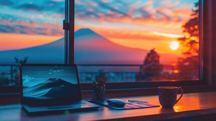 visitor outdoor office or workspace with laptop and coffee cup at fuji mountain, Japan.
