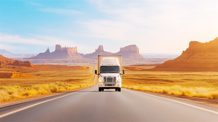 Obraz premium A white semi-truck driving on a desert highway with rock formations in the background, symbolizing transportation, logistics, and long-haul trucking industry.
