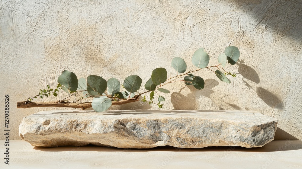 Poster a beautifully arranged podium made of stone supports a delicate branch adorned with lush eucalyptus 