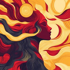 Abstract woman profile with vibrant hair and sun, artistic design for poster or print