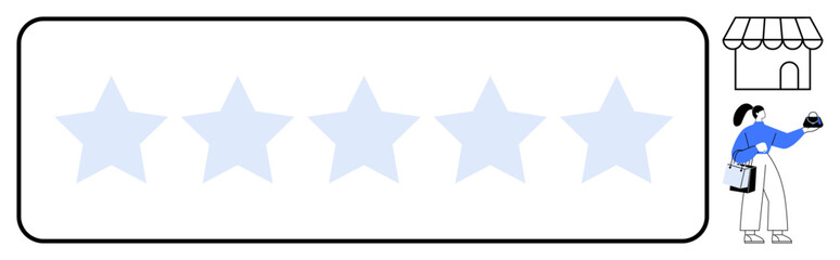 Five stars with light blue outlines, customer holding a phone reviewing shopping experience, store icon. Ideal for customer satisfaction, online reviews, quality feedback, purchasing decisions