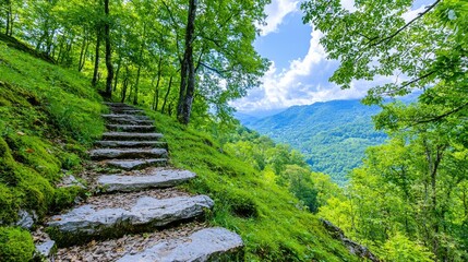Stone steps trail, mountain view, lush forest, summer hike