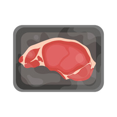 Vector illustration of meat packaging in cartoon flat style. Pack meat products. Frozen ground meat, pork and steaks, raw butcher shop food flat vector illustration set. Meat packed in plastic tray