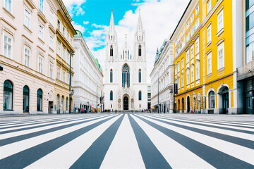 Obraz premium A picturesque city street lined with classic buildings and a bright blue sky, offering a sense of peaceful urban life and travel inspiration.