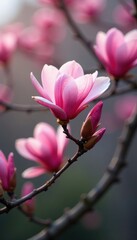 Fototapeta premium Pink magnolia branch, newly opened buds and flowers , soft, vibrant