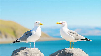 Obraz premium Two seagulls standing together on a rock by the sea, gazing out at the ocean. This serene and tranquil image captures the peaceful beauty of coastal wildlife.
