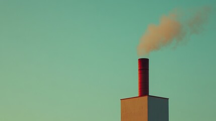 Red industrial chimney emitting smoke against a teal sky.  Environmental pollution concept