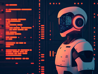 futuristic robot with glowing features stands against digital backdrop, showcasing advanced technology and innovation