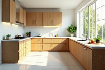 Bright kitchen with wooden cabinets and white tiles, large window view, white, room