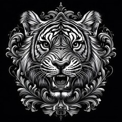 Graphic tiger head, ornate frame, black and white, print design, possible apparel