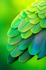 Naklejka premium The vibrant feathers of a close-up of a tropical bird with shades of green, showcasing the intricate details and natural beauty of the bird's plumage.