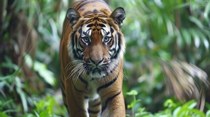 Fototapeta premium the view of a tiger in a forest decorated with leaves