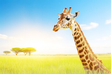Fototapeta premium A giraffe grazing in the vast savannah, with its long neck reaching high into the air, against a clear blue sky, embodying the beauty of the African wilderness.