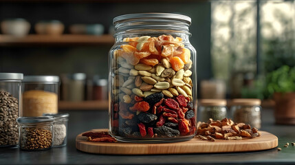 a presentation image of jar full of dried fruits seeds and spices in a kitchen board photo realistic
