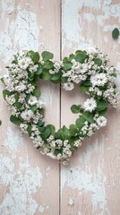 A heart-shaped floral wreath made of white flowers and eucalyptus leaves on rustic wooden background.
