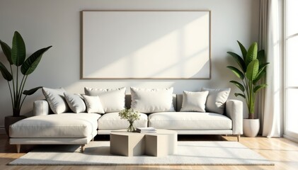 Neutral palette living room, minimalist sofa, geometric coffee table, modern, apartment