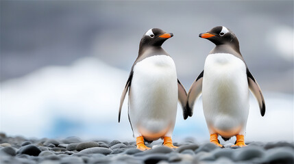 Obraz premium Two penguins standing close together on a rocky coastline with a tranquil ocean backdrop, symbolizing companionship and the beauty of wildlife in its natural habitat.