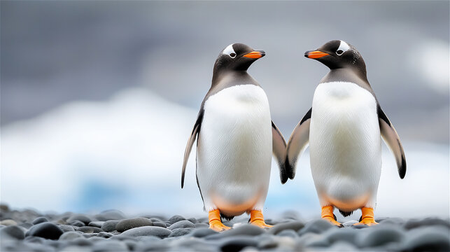 Two penguins standing close together on a rocky coastline with a tranquil ocean backdrop, symbolizing companionship and the beauty of wildlife in its natural habitat. - Powered by Adobe