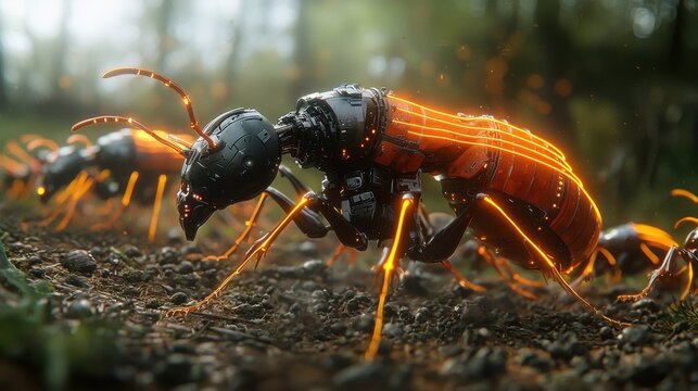 A striking group of robotic ants with glowing lights crawls across the forest floor.
