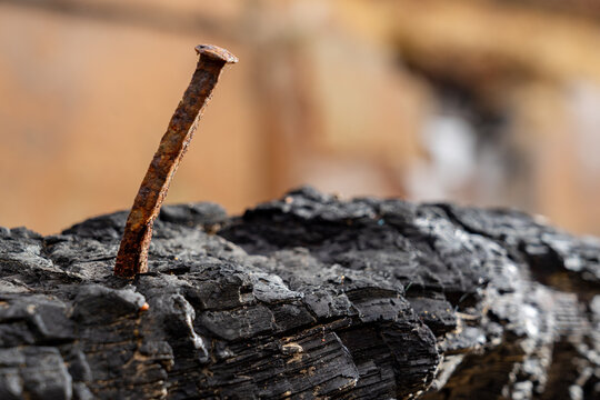 Bent and rusty nail on the left side stuck in a piece of burnt wood