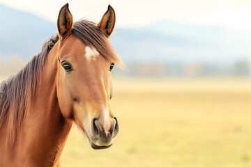 Fototapeta premium A beautiful brown horse standing gracefully in a lush green field with a soft blue sky in the background. The horse's mane blows gently in the wind, creating a calm, natural scene.