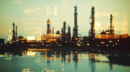 Obraz premium Futuristic Refinery Plant. Reflections In Water. Energy Industry Innovation.