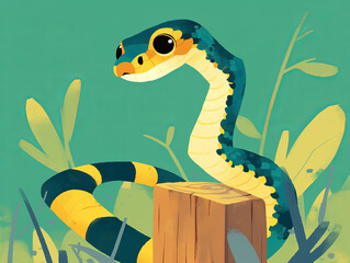 colorful garter snake resting on wooden stump in vibrant green environment