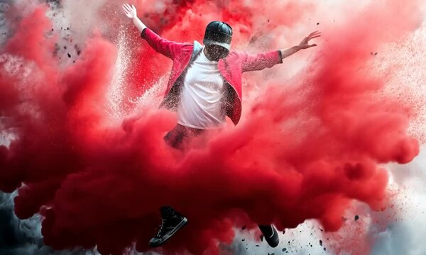 Urban dancer in dynamic pose amidst red smoke